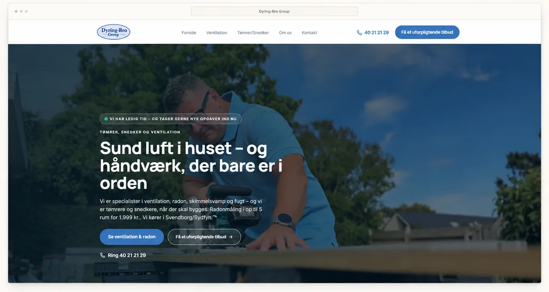 Hjemmeside for tømrer, snedker og ventilation med knapper til ventilation og tilbud samt telefonnummer