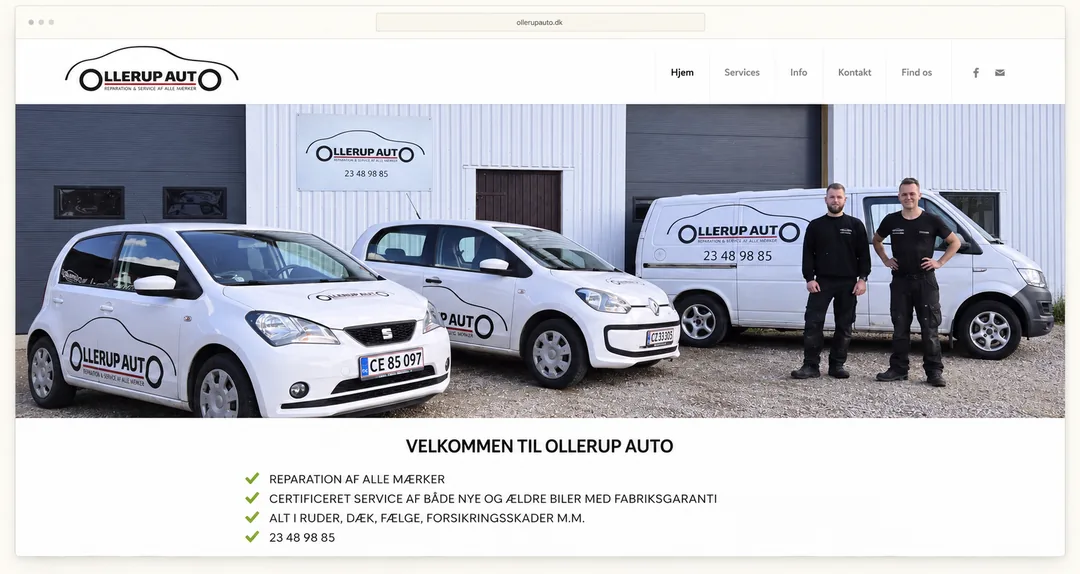 Ollerup Autos forside med værkstedet, firmabilerne, en liste over ydelser og telefonnummeret