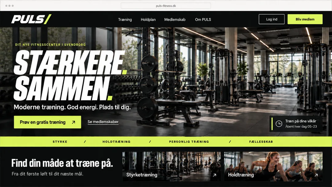 Hjemmeside for et fitnesscenter med knapperne Prøv en gratis træning og Se medlemskaber