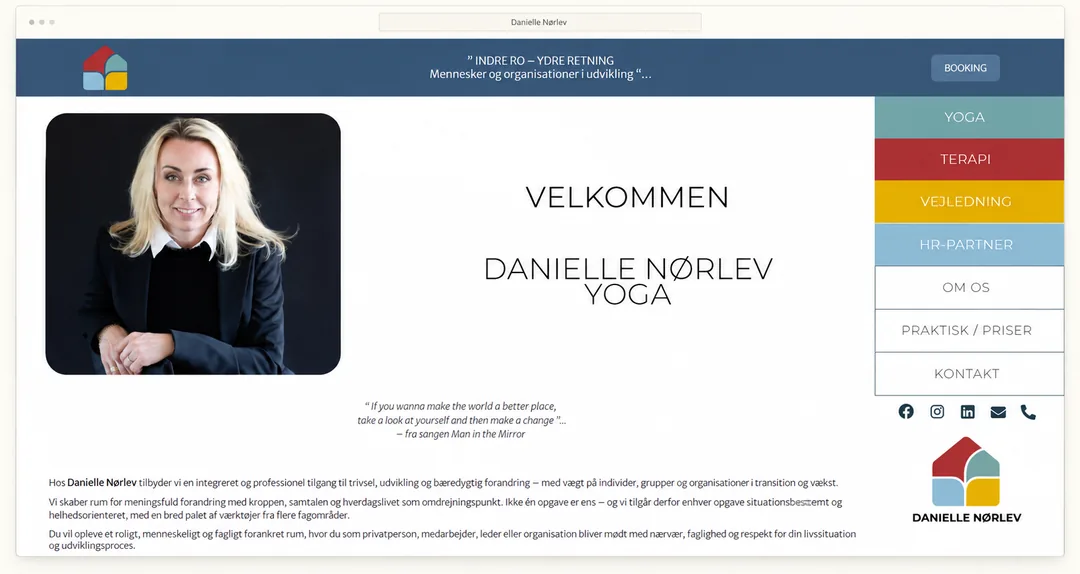 Danielle Nørlevs hjemmeside med menupunkterne yoga, terapi, vejledning, praktisk og priser samt en bookingknap
