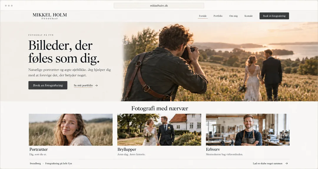 Hjemmeside for en fotograf med portrætter, bryllupper og erhverv samt knappen Book en fotografering