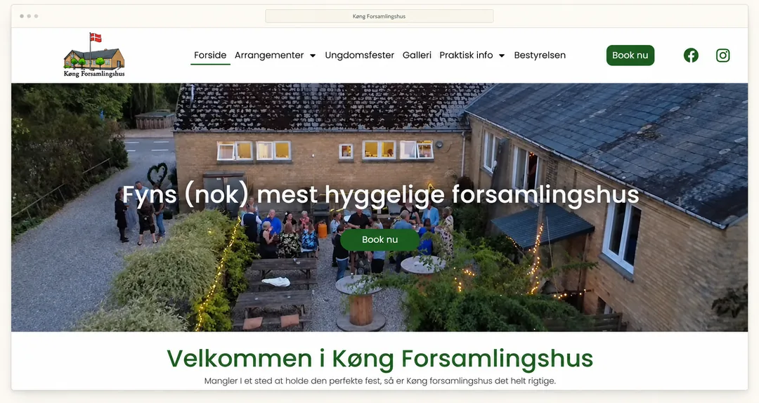 Hjemmeside for et forsamlingshus med menupunkter til arrangementer, ungdomsfester og praktisk info samt en bookingknap