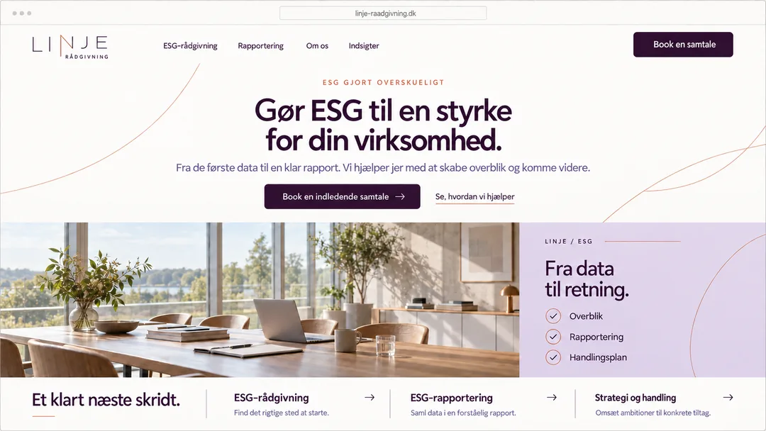 Hjemmeside for ESG-rådgivning med tre ydelser og knappen Book en indledende samtale