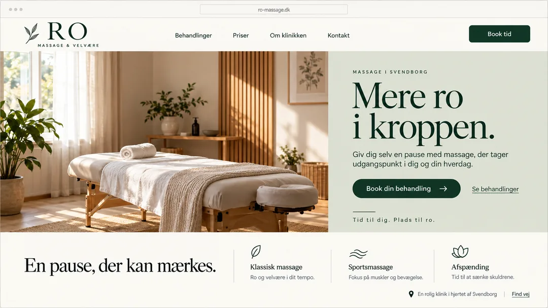 Hjemmeside for en massageklinik med behandlingerne klassisk massage, sportsmassage og afspænding