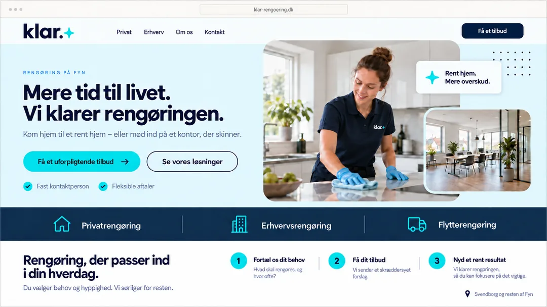 Hjemmeside for rengøring med indgange til privat-, erhvervs- og flytterengøring og knappen Få et uforpligtende tilbud